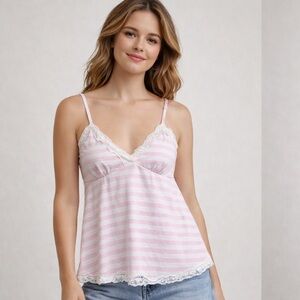 Romwe Pink Striped Lace Trim Babydoll Cami Top Women’s Small | Y2K Coquette Soft